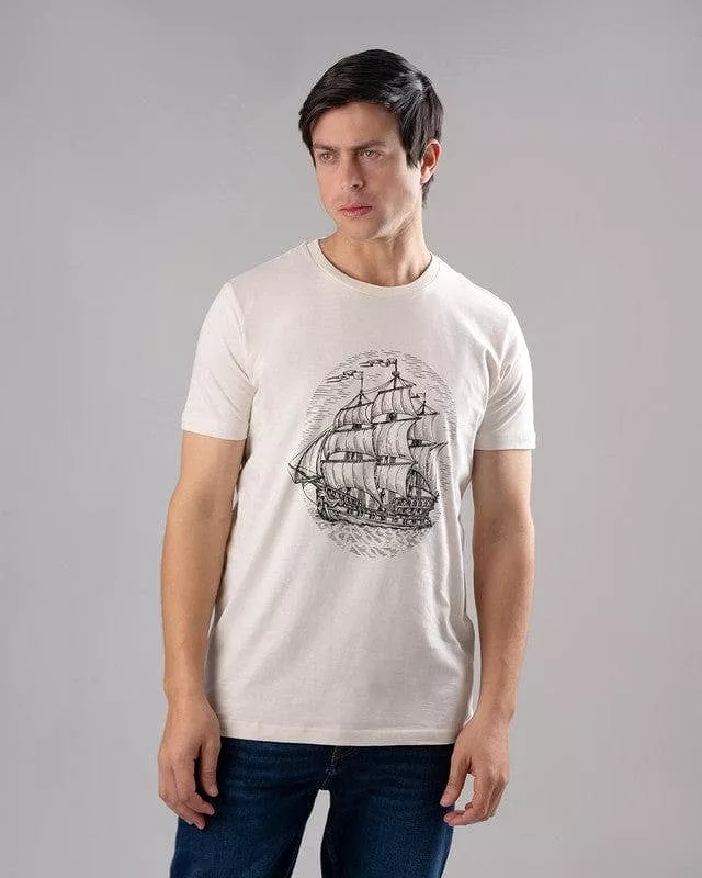 Printed T-shirt - off white with round neck design.