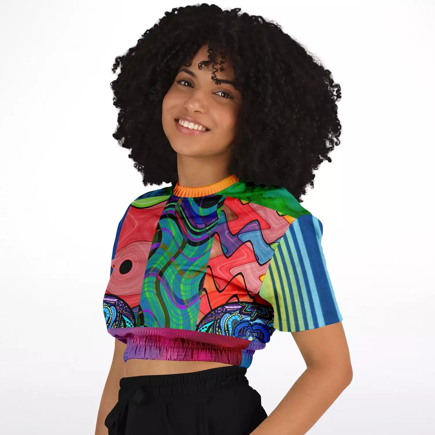 Psychedelic Short Sleeve Cropped Sweater | Eco-Friendly Pollyblend