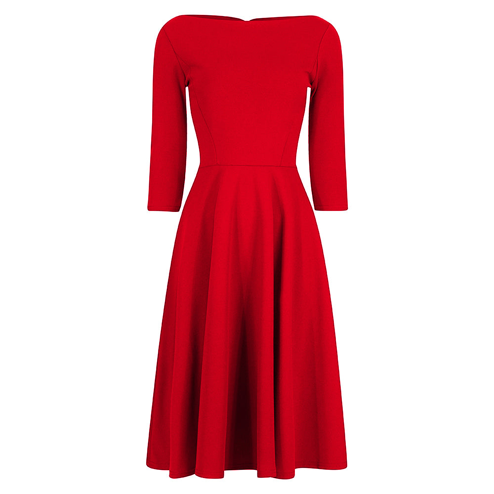 Red 3/4 Sleeve Boat Neck Audrey Hepburn Style 50s Swing Dress - Shop now