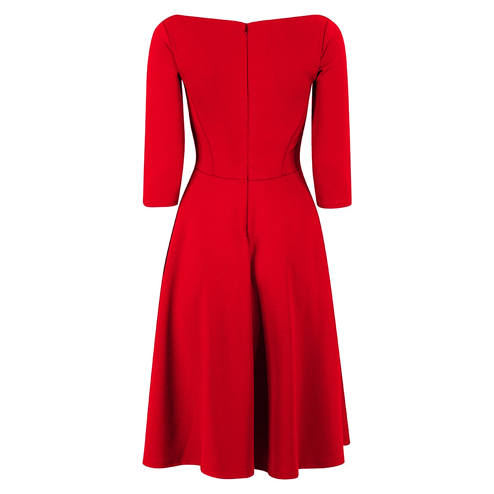 Red 3/4 Sleeve Boat Neck Audrey Hepburn Style 50s Swing Dress - Shop now