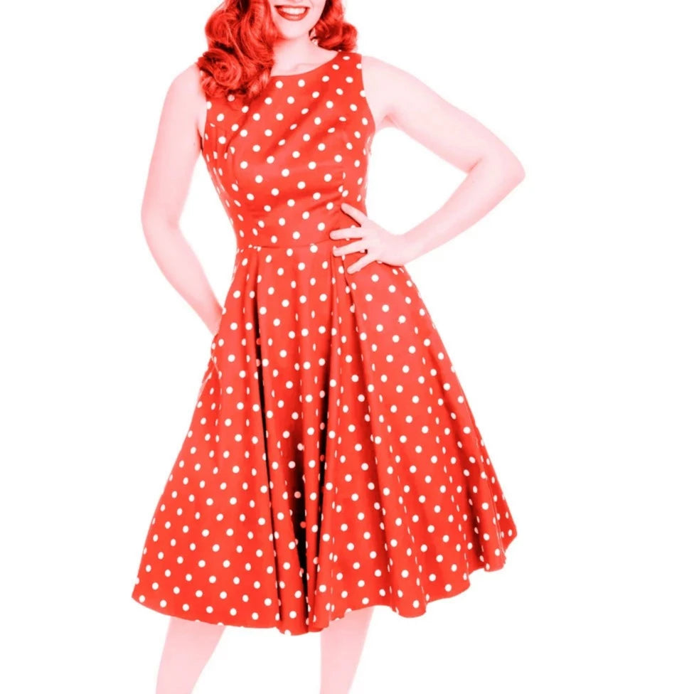 red and white polka dot dress, 50s swing dress, Audrey Hepburn style