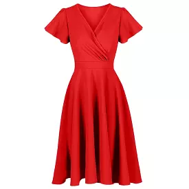 Red Cap Sleeve 50s Swing Dress with Crossover Detail