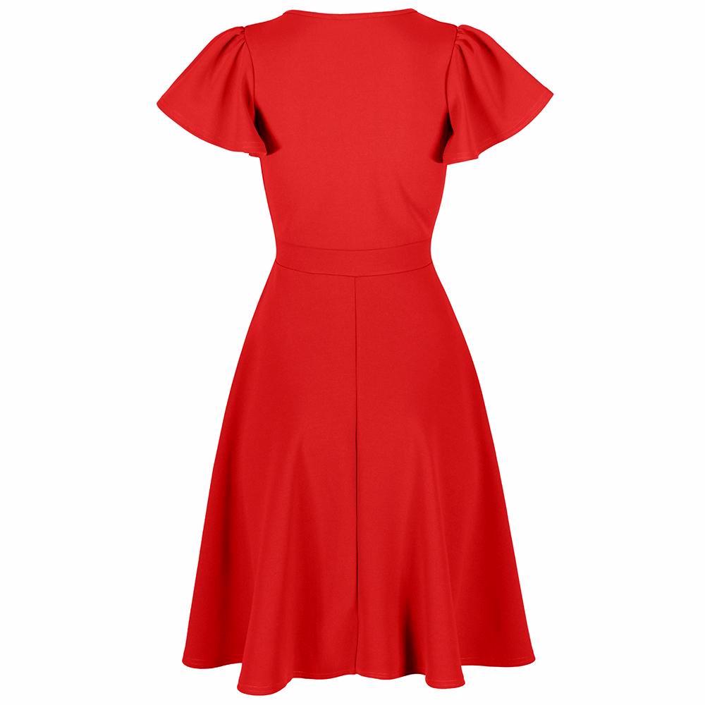 Red Cap Sleeve 50s Swing Dress with Crossover Detail