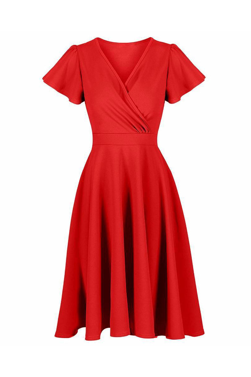 Red Cap Sleeve 50s Swing Dress with Crossover Detail