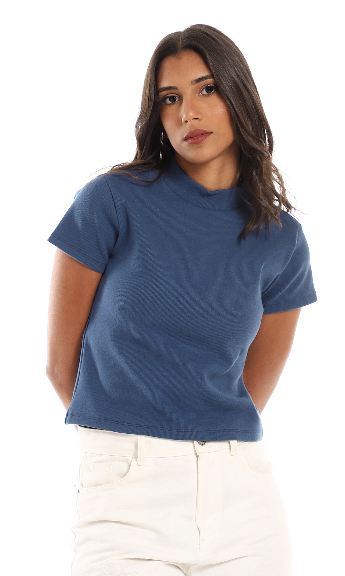 Ribbed Mock Neck Cotton Top in Navy Blue