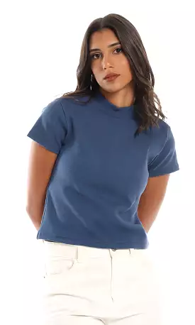 Ribbed Mock Neck Cotton Top in Navy Blue