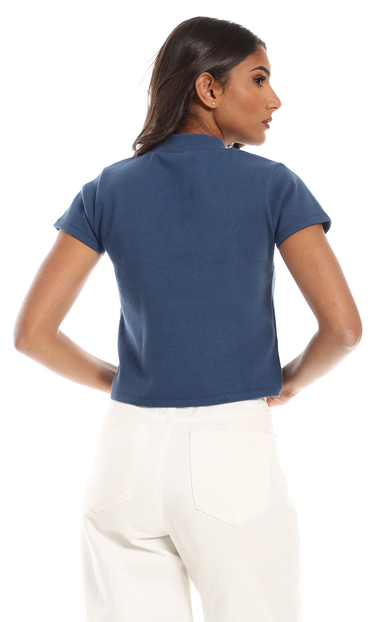 Ribbed Mock Neck Cotton Top in Navy Blue