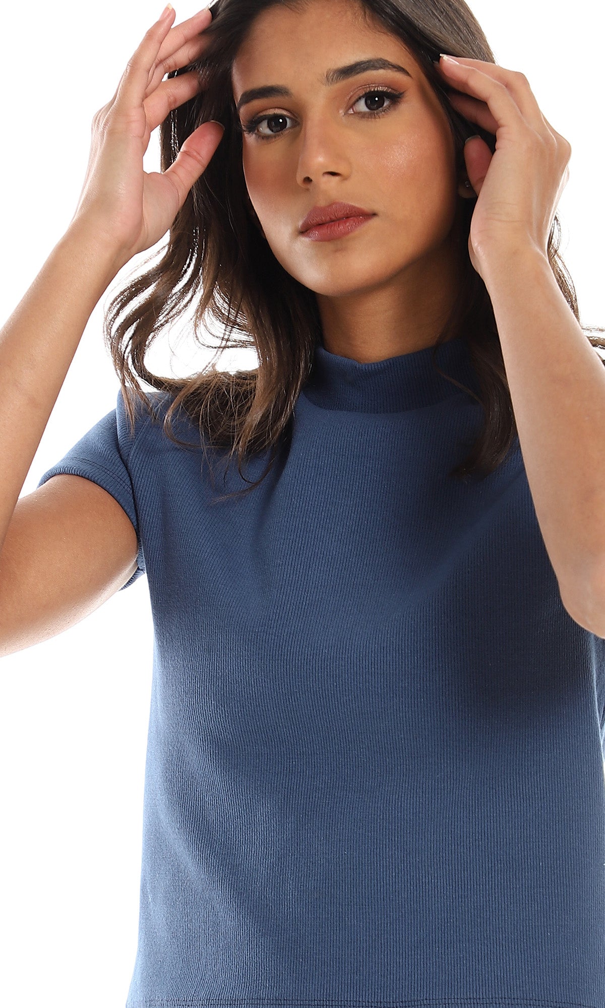 Ribbed Mock Neck Cotton Top in Navy Blue