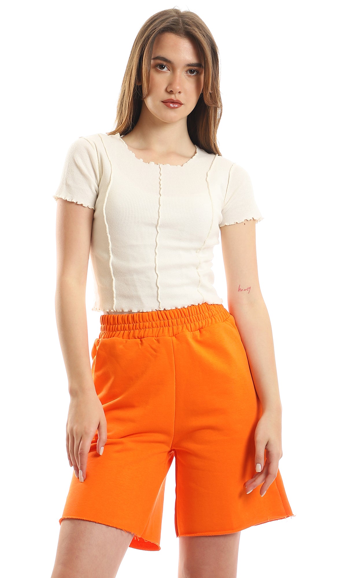 Ribbed Round Neck Cropped Cotton Tee Off White 97489