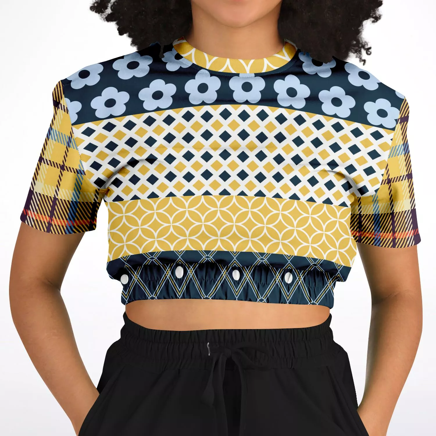 Royal Flush Blue Patchwork Short Sleeve Cropped Sweater