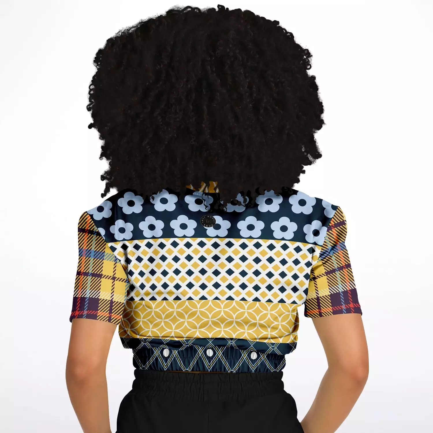 Royal Flush Blue Patchwork Short Sleeve Cropped Sweater