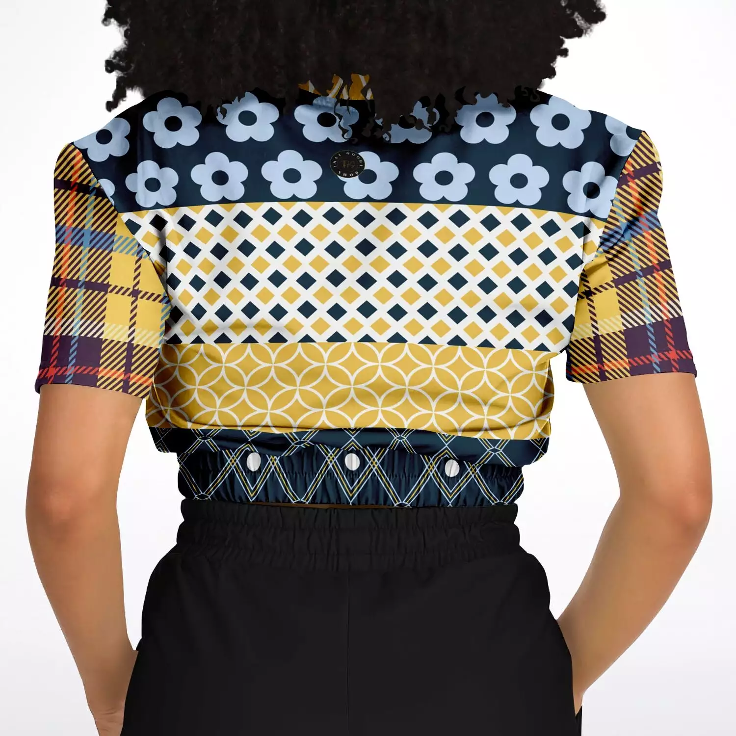 Royal Flush Blue Patchwork Short Sleeve Cropped Sweater