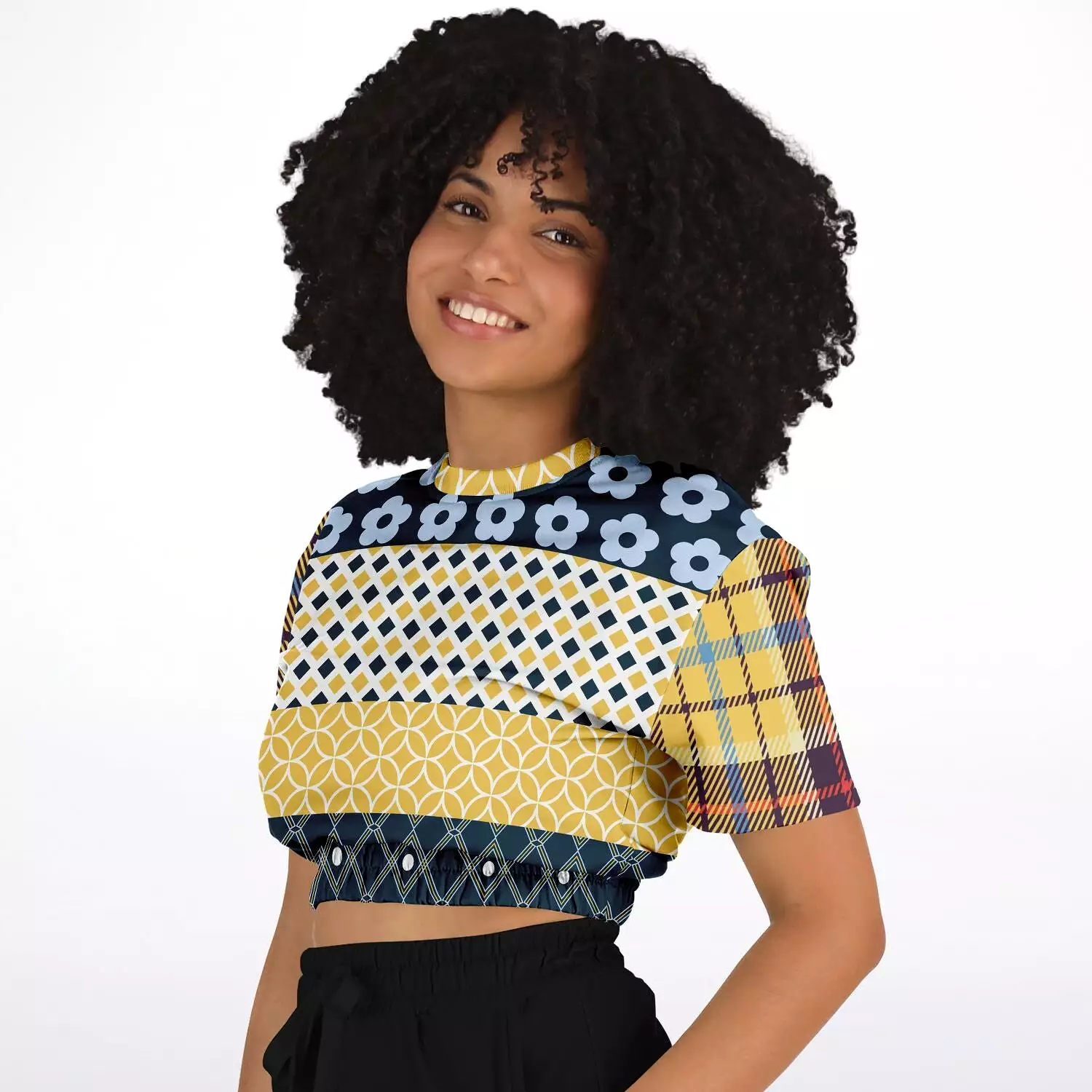 Royal Flush Blue Patchwork Short Sleeve Cropped Sweater