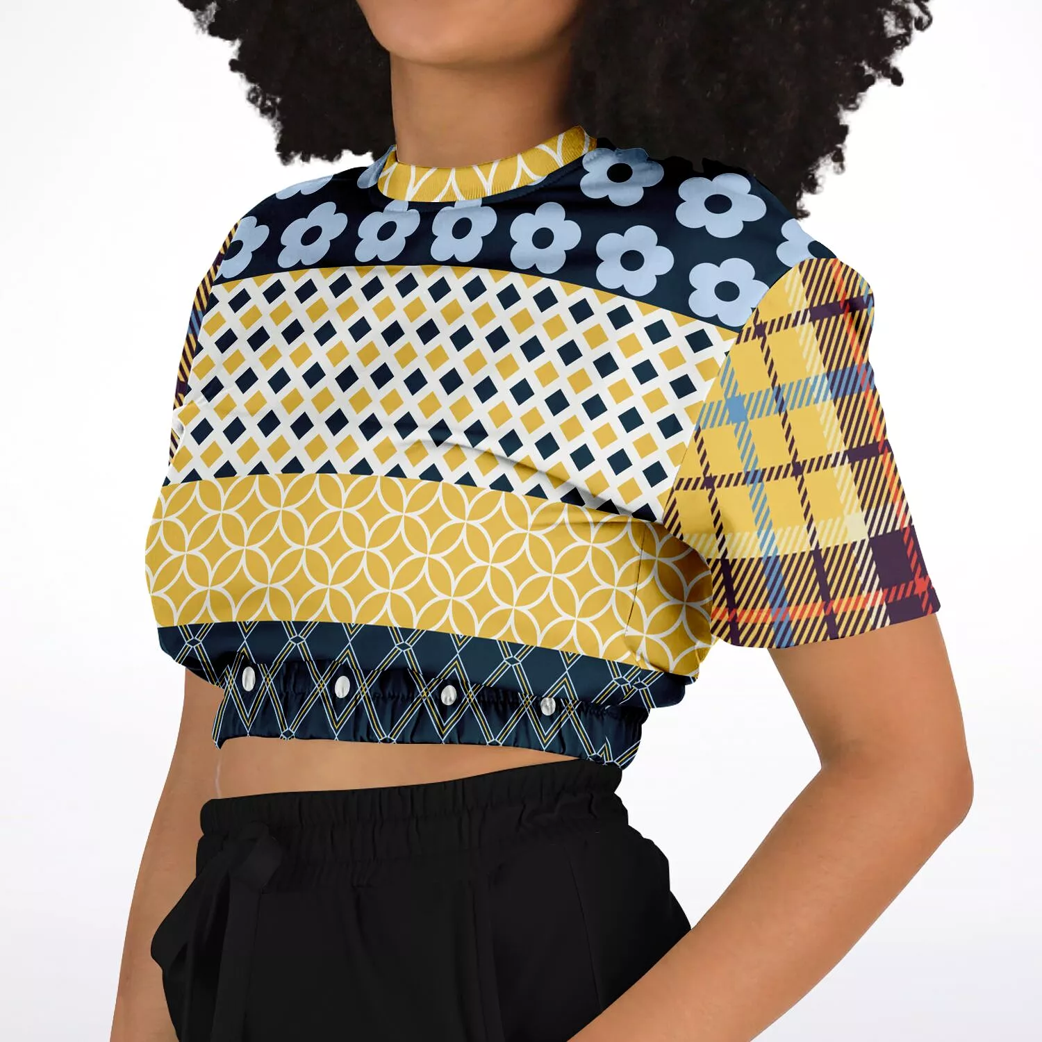 Royal Flush Blue Patchwork Short Sleeve Cropped Sweater