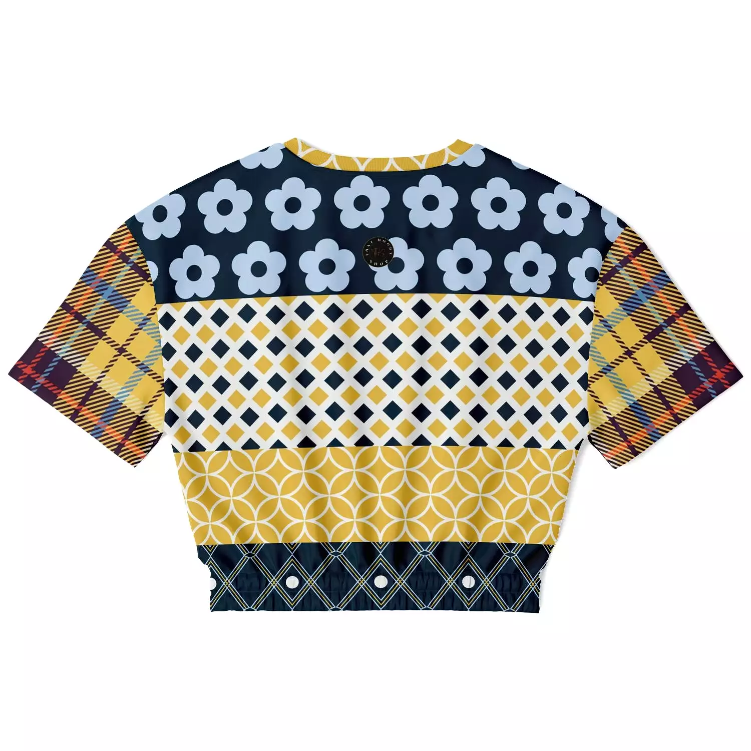 Royal Flush Blue Patchwork Short Sleeve Cropped Sweater