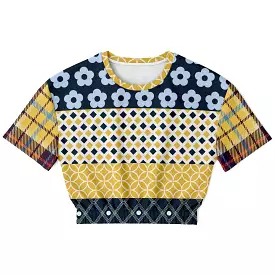 Royal Flush Blue Patchwork Short Sleeve Cropped Sweater