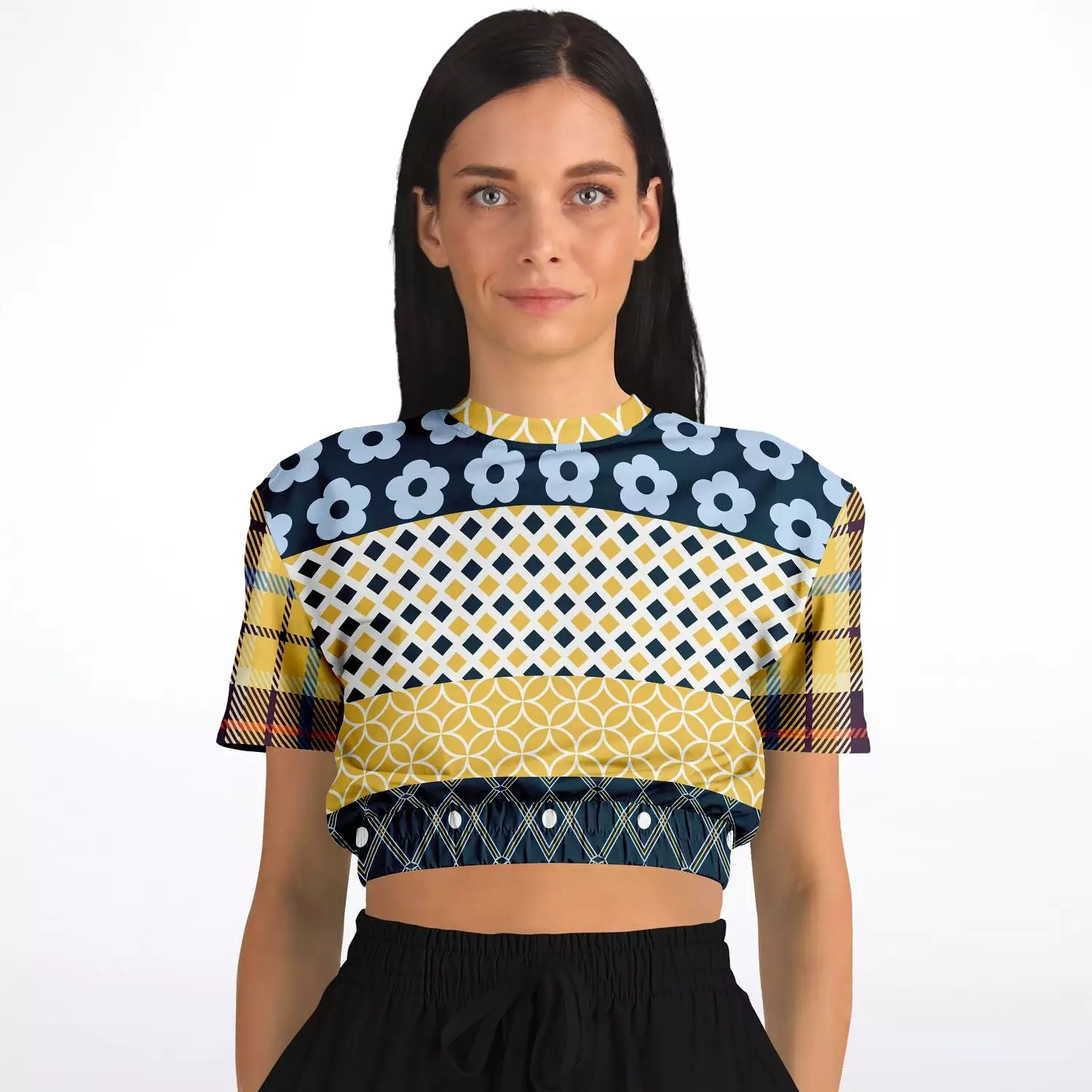 Royal Flush Blue Patchwork Short Sleeve Cropped Sweater