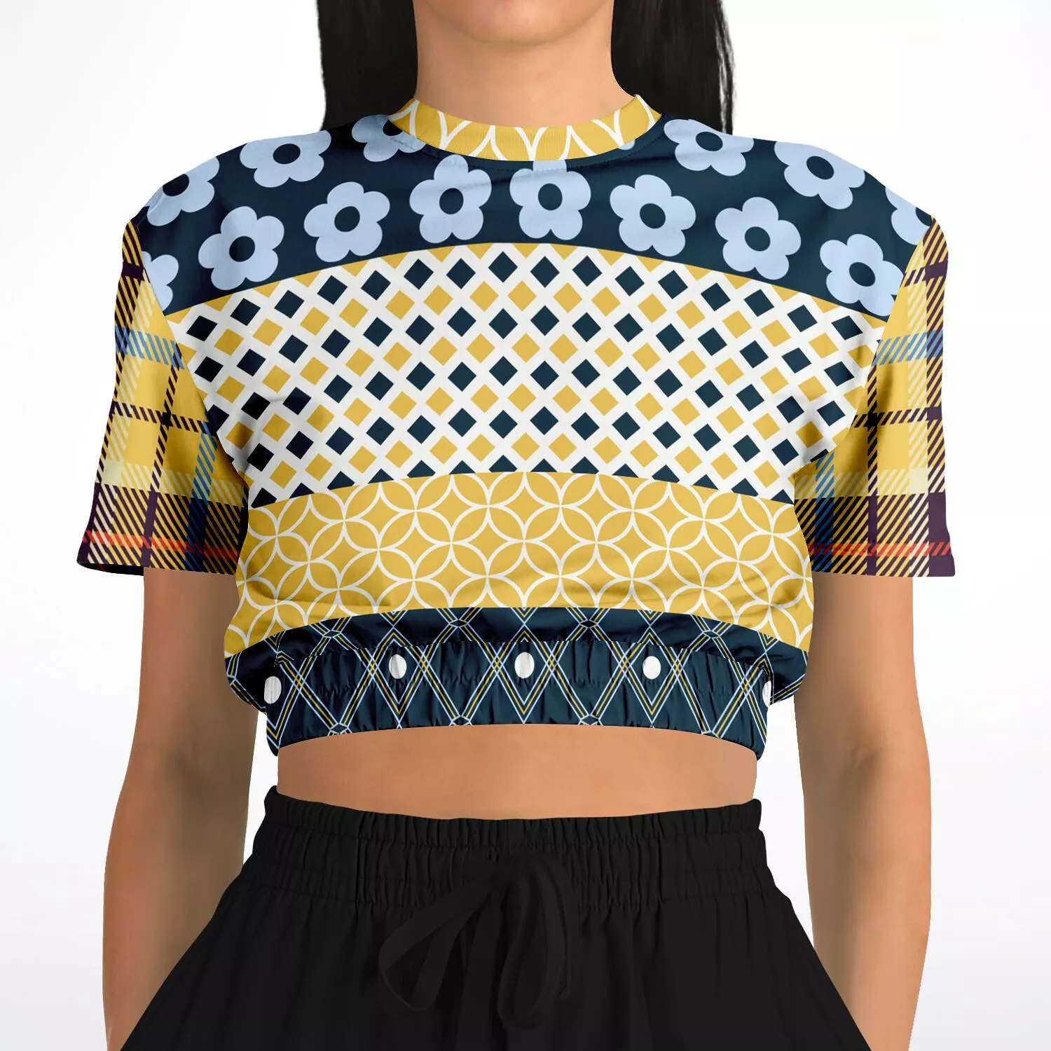 Royal Flush Blue Patchwork Short Sleeve Cropped Sweater