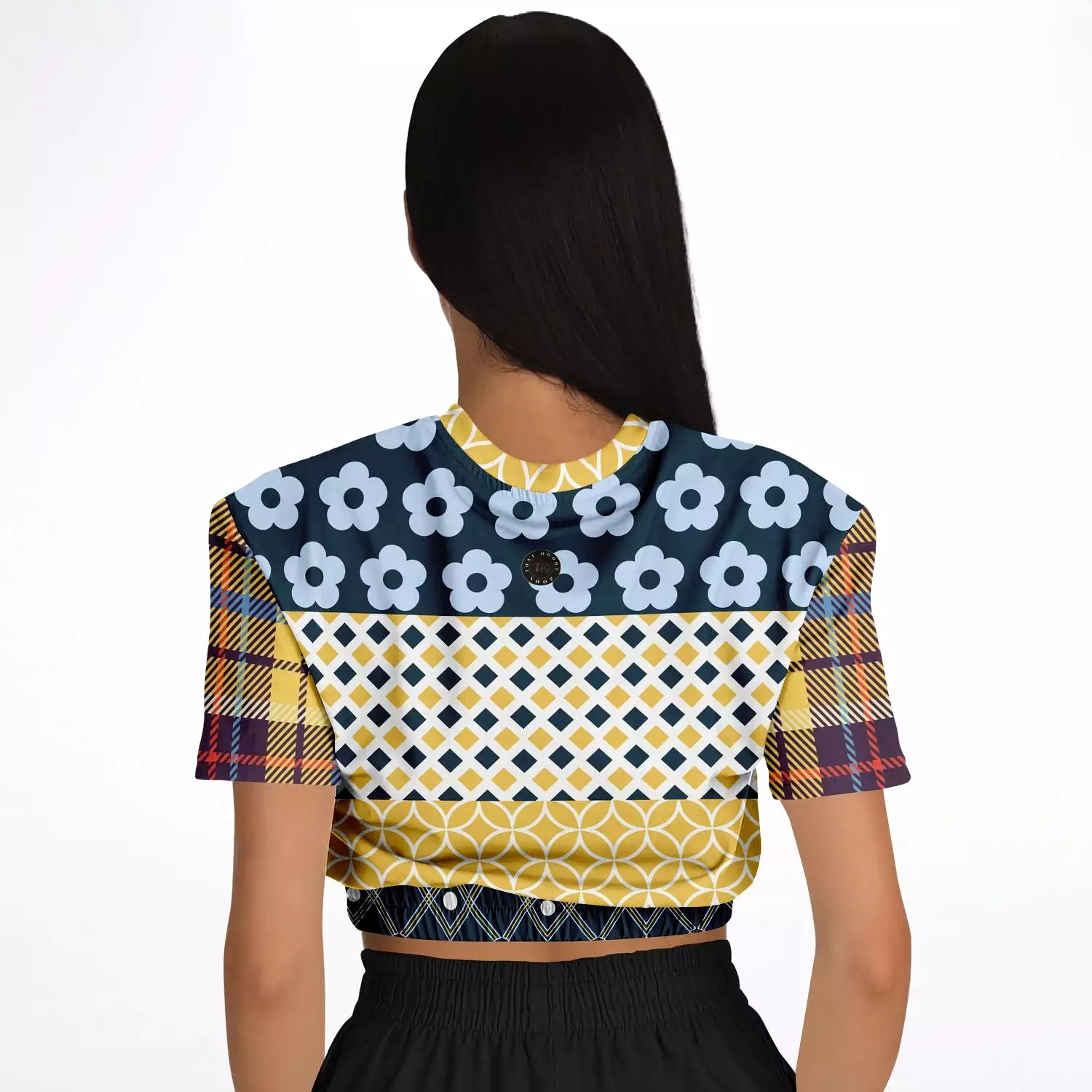 Royal Flush Blue Patchwork Short Sleeve Cropped Sweater