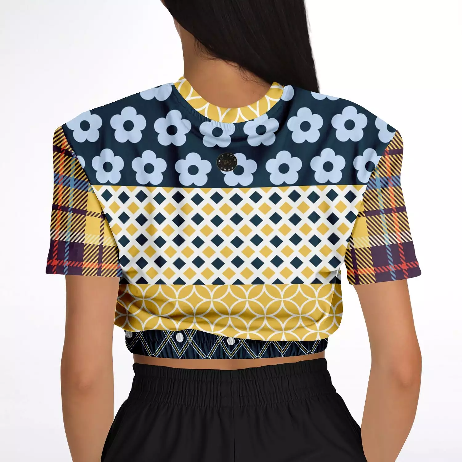 Royal Flush Blue Patchwork Short Sleeve Cropped Sweater