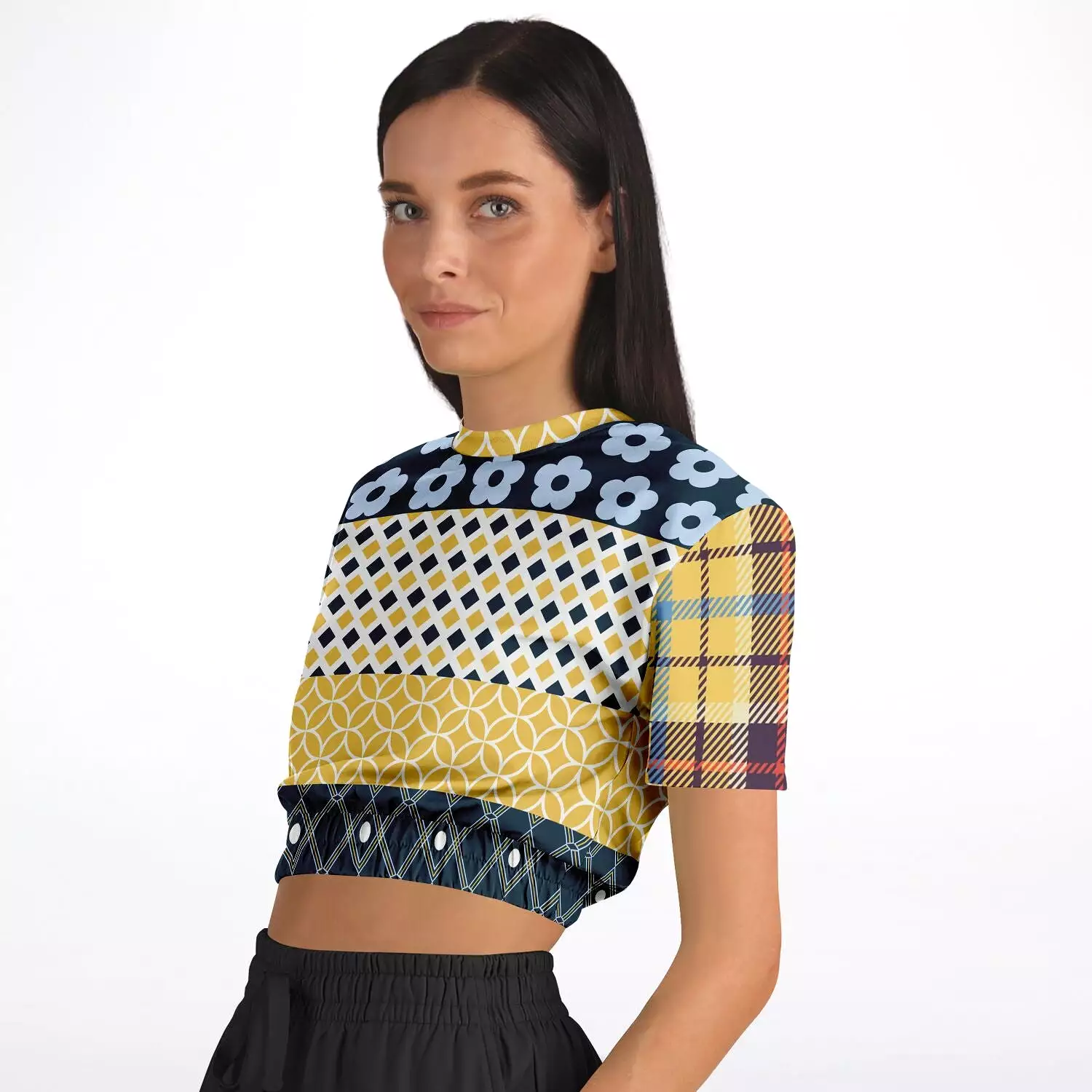 Royal Flush Blue Patchwork Short Sleeve Cropped Sweater