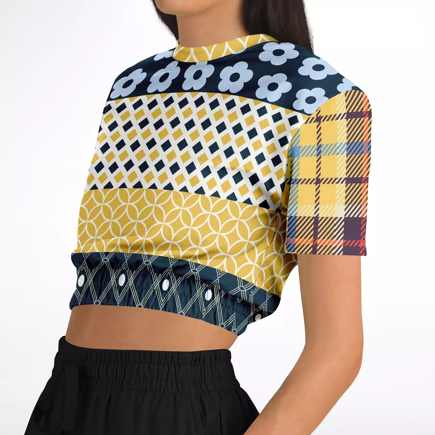 Royal Flush Blue Patchwork Short Sleeve Cropped Sweater