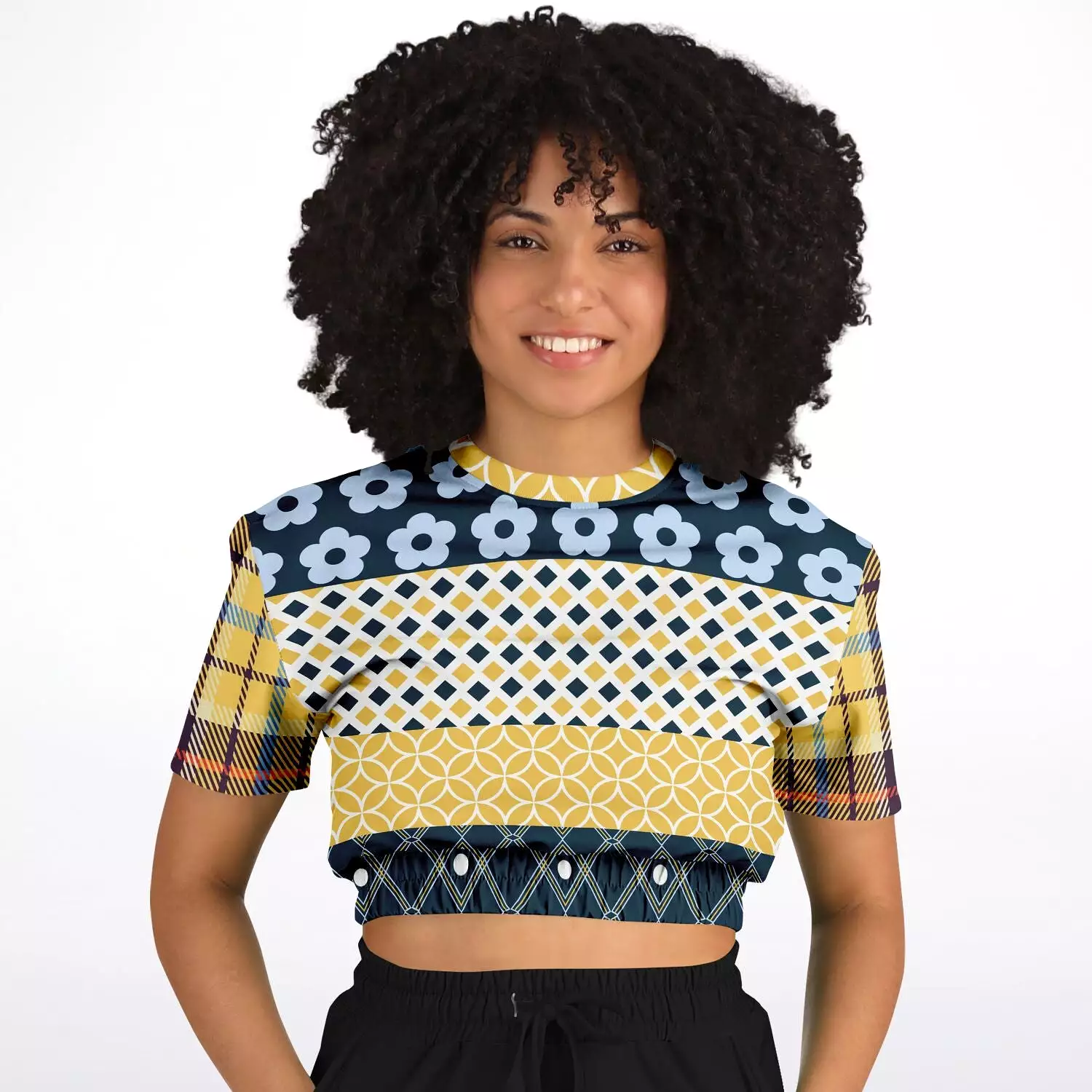 Royal Flush Blue Patchwork Short Sleeve Cropped Sweater