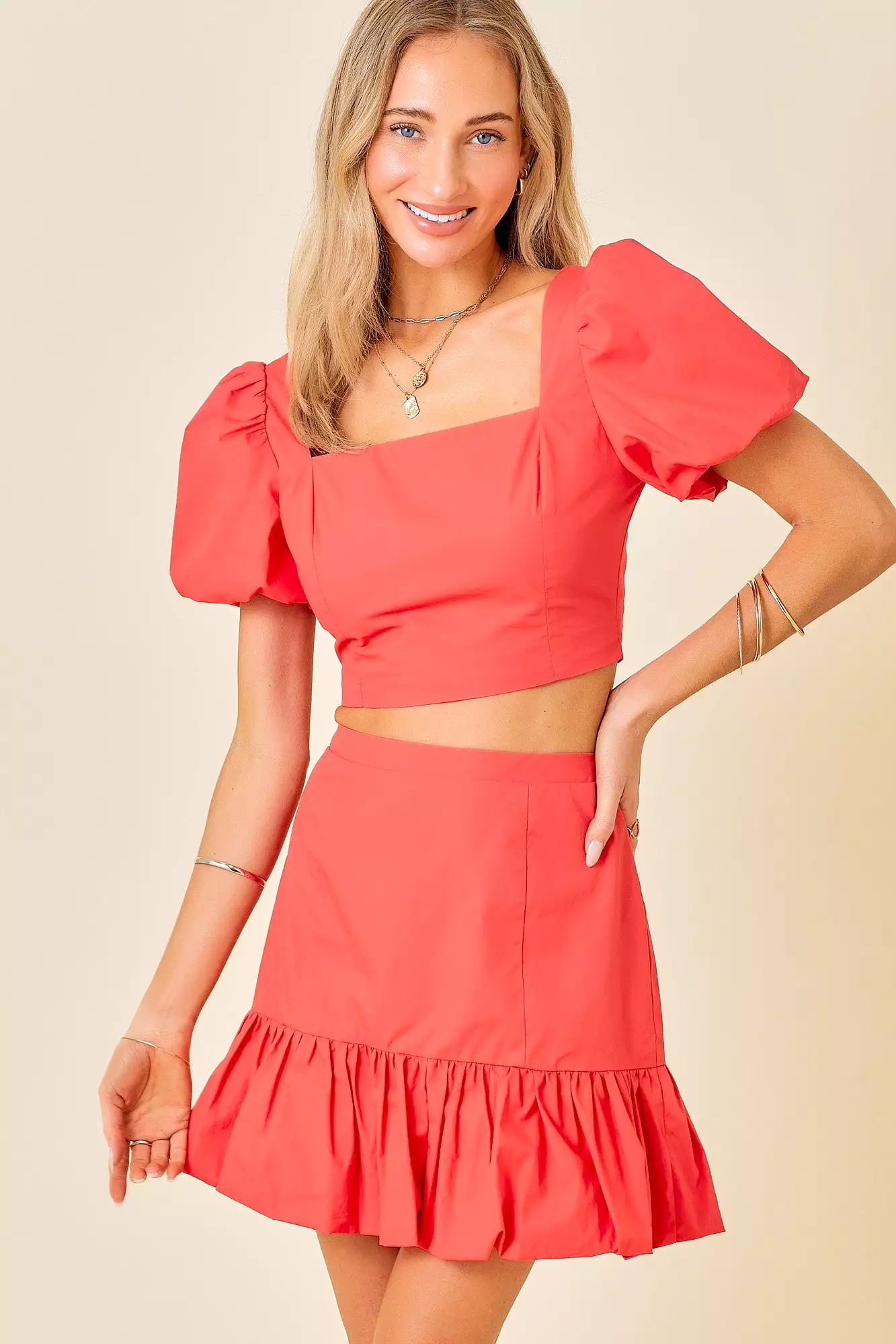 Ruffle Puff Sleeve Crop Top Mini Skirt Set can be rewritten as Trendy Ruffle Sleeve Crop Top Mini Skirt Set for better Google op