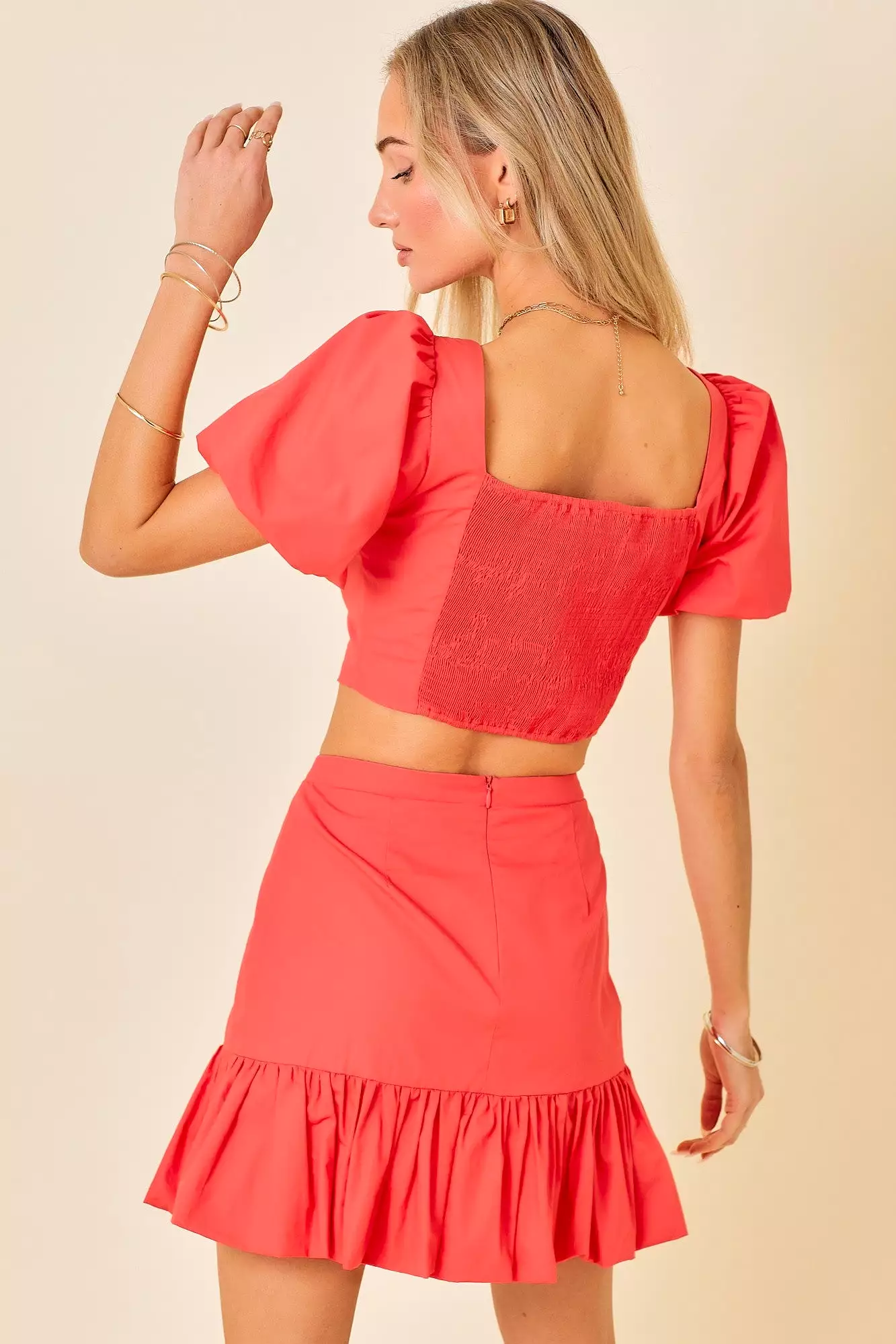 Ruffle Puff Sleeve Crop Top Mini Skirt Set can be rewritten as Trendy Ruffle Sleeve Crop Top Mini Skirt Set for better Google op