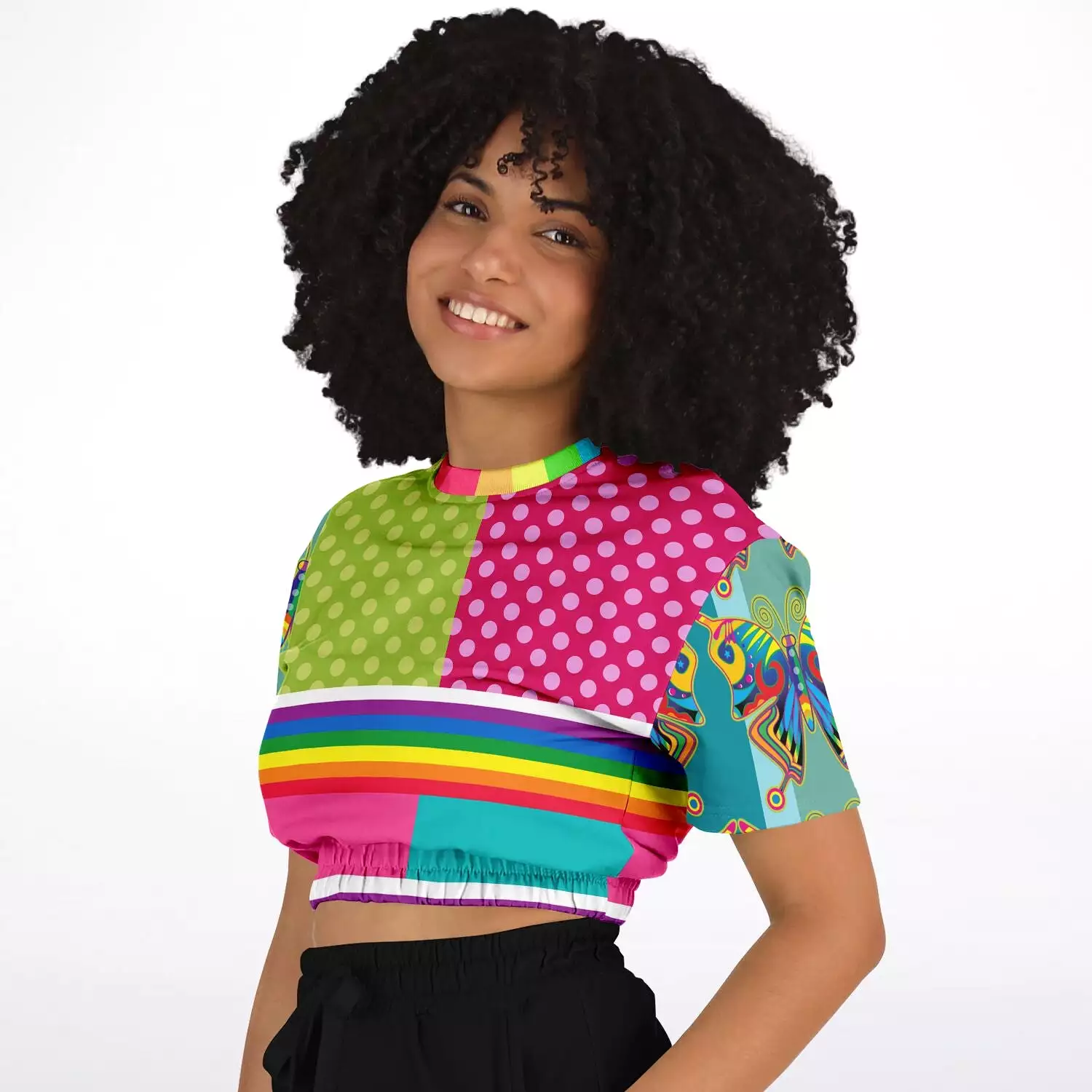 San Diego Polka Dot Patchwork Cropped Sweater - Short Sleeve - Eco-Friendly