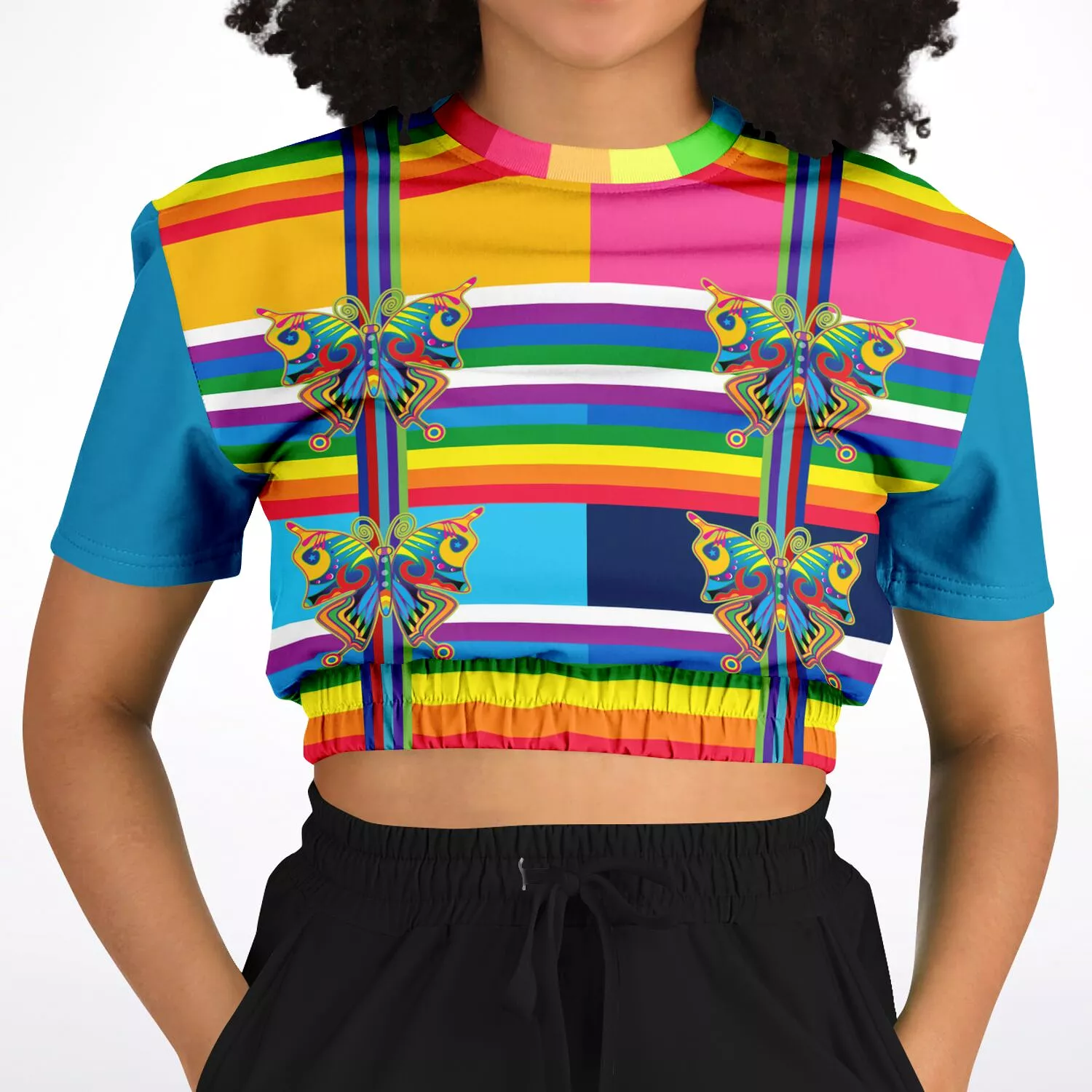 San Diego Rainbow Stripe Short Sleeve Cropped Sweater