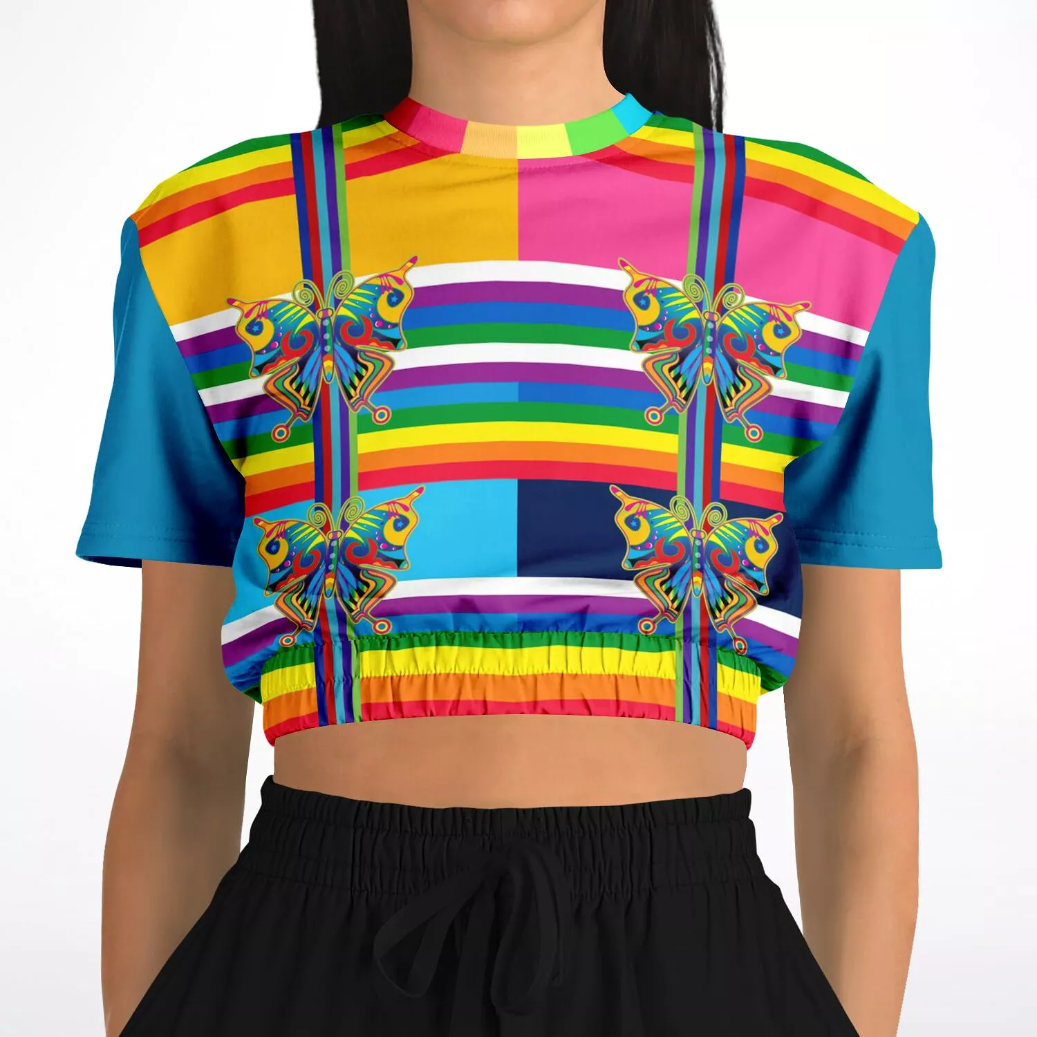 San Diego Rainbow Stripe Short Sleeve Cropped Sweater