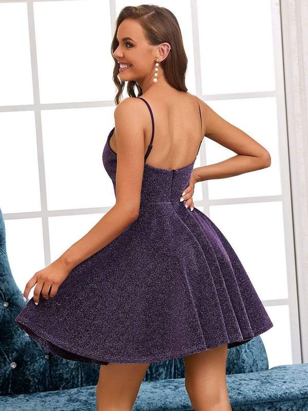 Short Purple Shimmer V-Neck Grad Dress - Style 12403