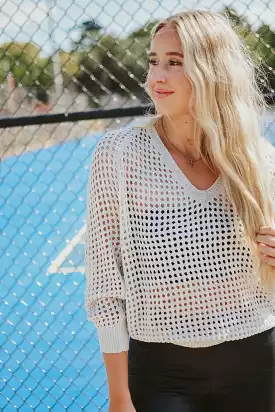 Silver V-Neck Crochet Sweater