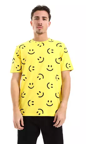 Smiles Patterned Slip On Cotton Tee in Yellow and Black