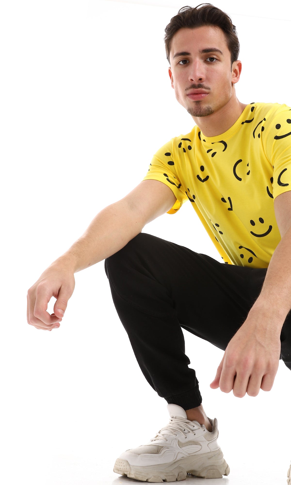 Smiles Patterned Slip On Cotton Tee in Yellow and Black