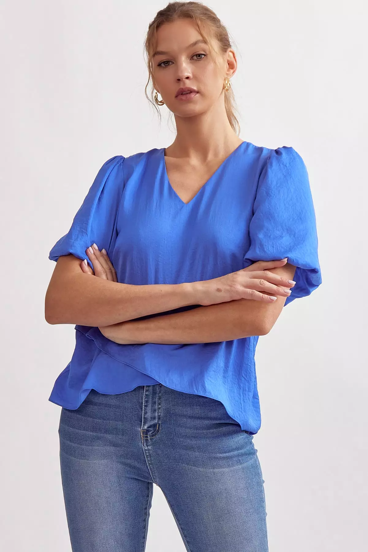 Solid V-Neck Puff Sleeve Short Sleeve Top - Solid V-Neck Puff Sleeve Top