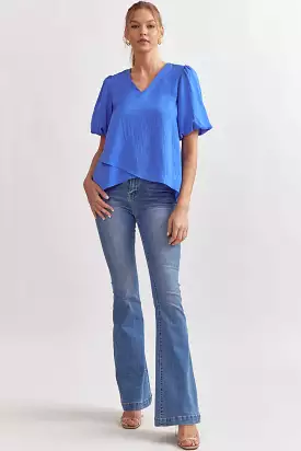 Solid V-Neck Puff Sleeve Short Sleeve Top - Solid V-Neck Puff Sleeve Top