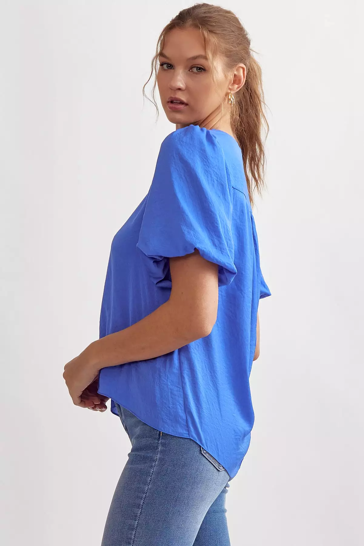 Solid V-Neck Puff Sleeve Short Sleeve Top - Solid V-Neck Puff Sleeve Top