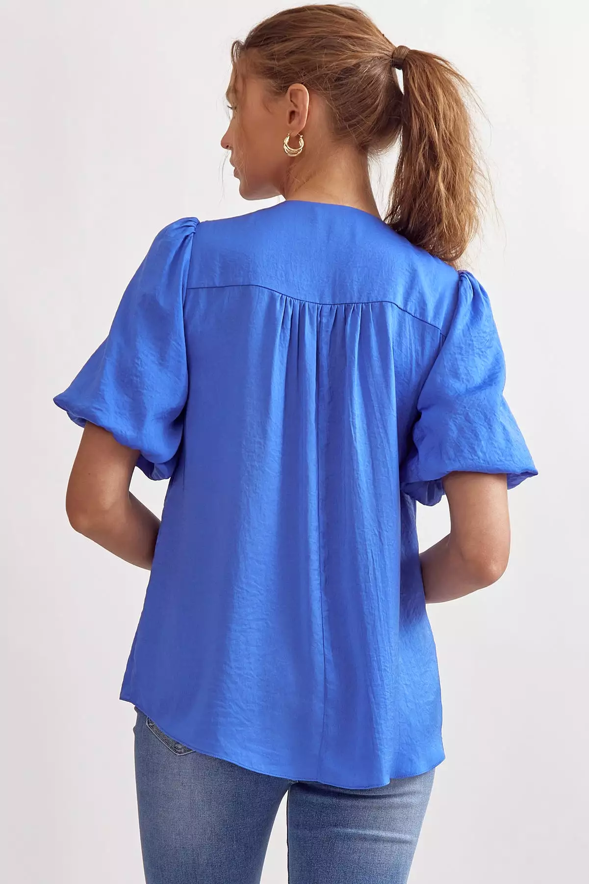 Solid V-Neck Puff Sleeve Short Sleeve Top - Solid V-Neck Puff Sleeve Top