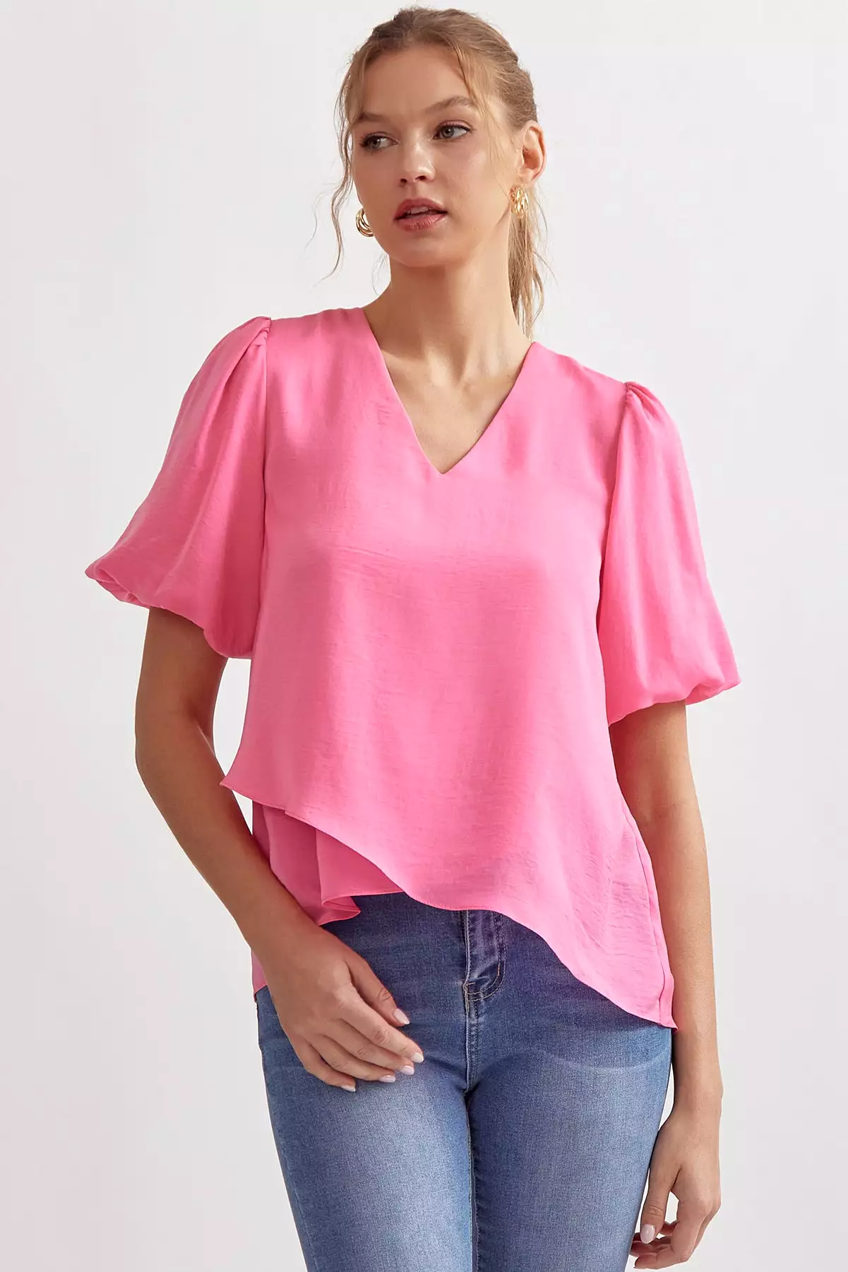 Solid V-Neck Puff Sleeve Short Sleeve Top - Solid V-Neck Puff Sleeve Top