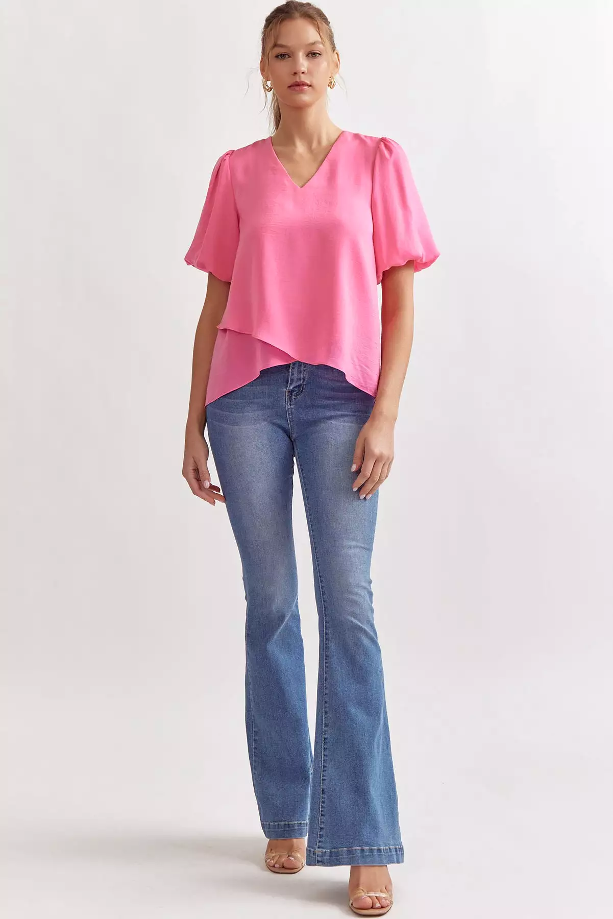 Solid V-Neck Puff Sleeve Short Sleeve Top - Solid V-Neck Puff Sleeve Top