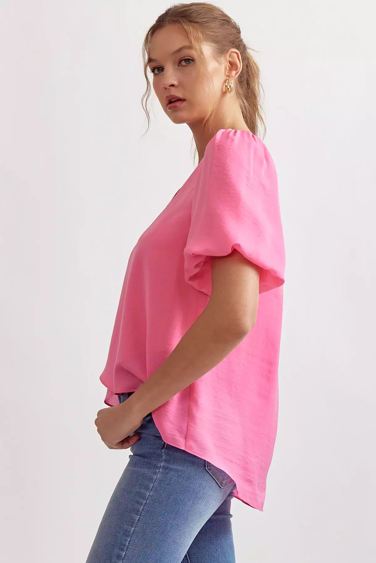 Solid V-Neck Puff Sleeve Short Sleeve Top - Solid V-Neck Puff Sleeve Top