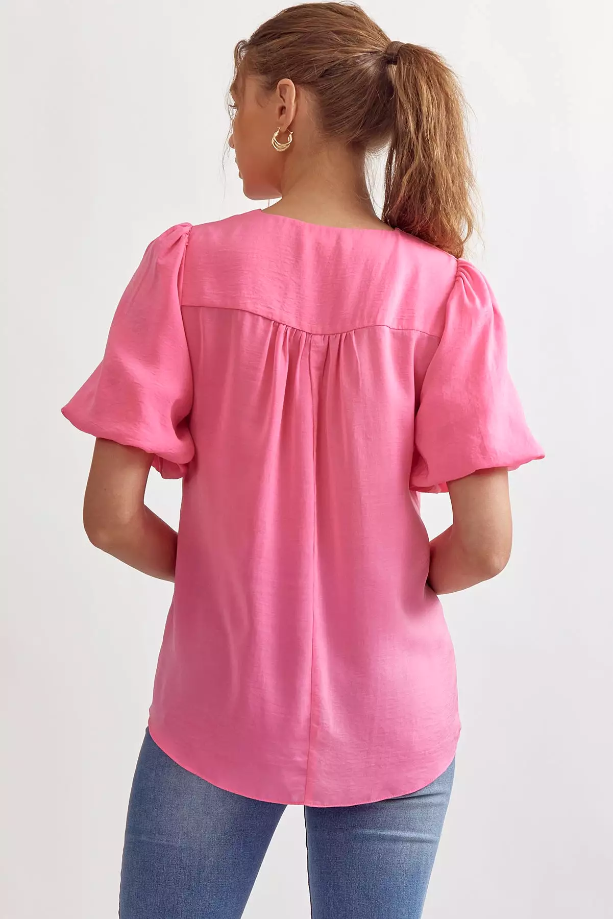 Solid V-Neck Puff Sleeve Short Sleeve Top - Solid V-Neck Puff Sleeve Top