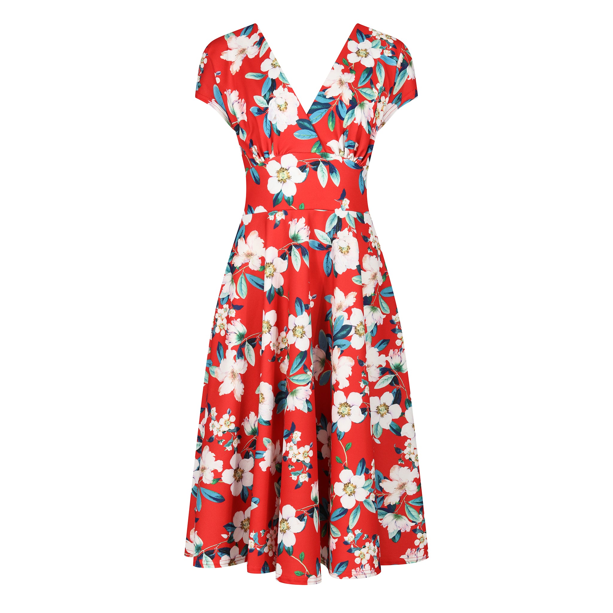 Sunset red floral vintage A-line crossover capped sleeve tea swing dress