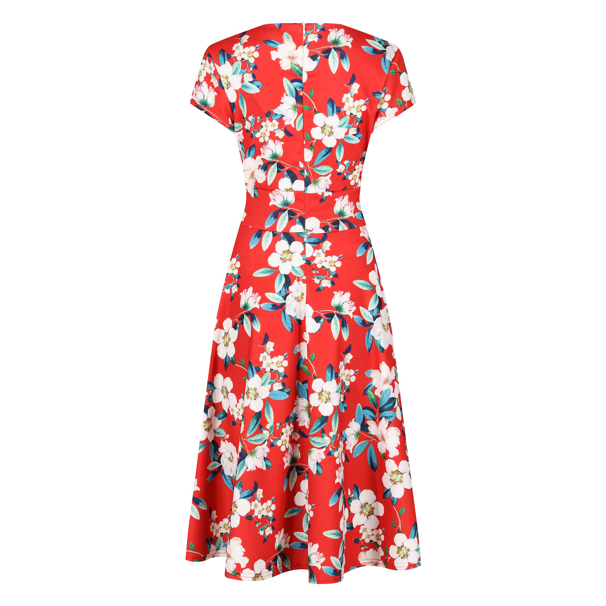 Sunset red floral vintage A-line crossover capped sleeve tea swing dress