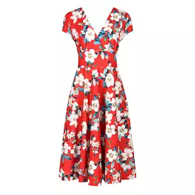 Sunset red floral vintage A-line crossover capped sleeve tea swing dress