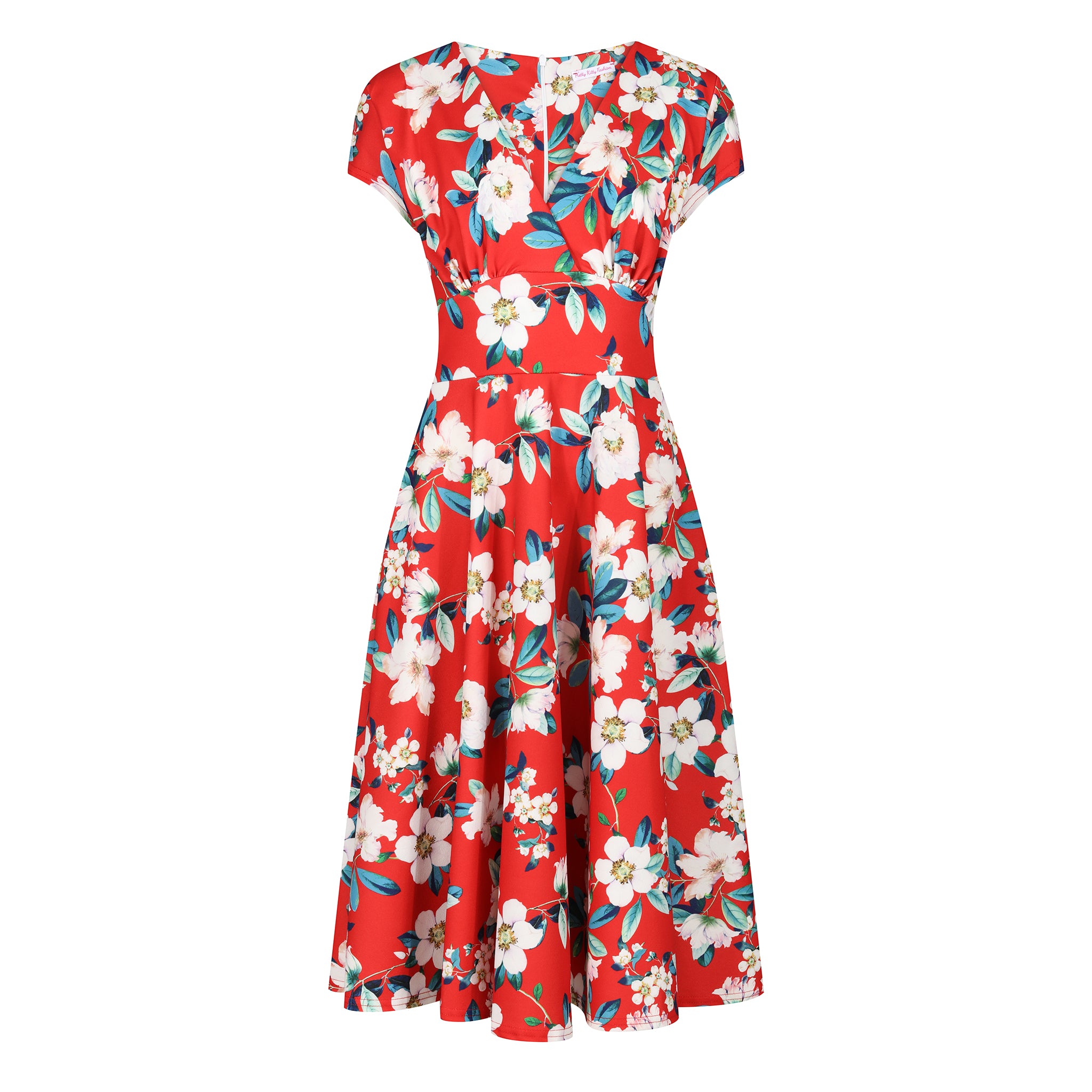 Sunset red floral vintage A-line crossover capped sleeve tea swing dress