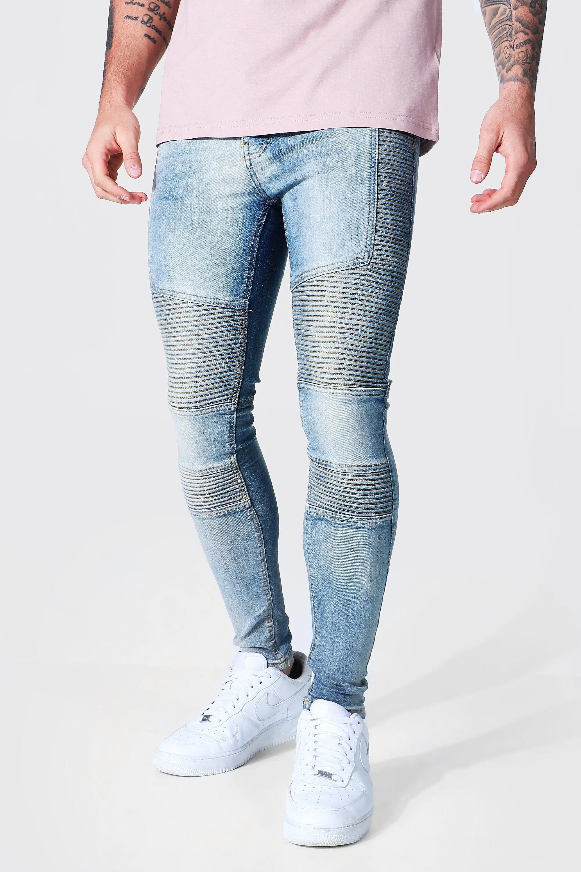 Super Slim Biker Panel Jeans | boohooMAN UK