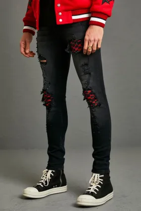 Check Skinny Bandana Biker Jeans